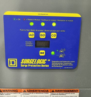 Three-phase surge protective device installed in commercial equipment, all three phase status lights lit green to indicate normal operating status, with per-phase push-to-test buttons and a surge event counter on the faceplate