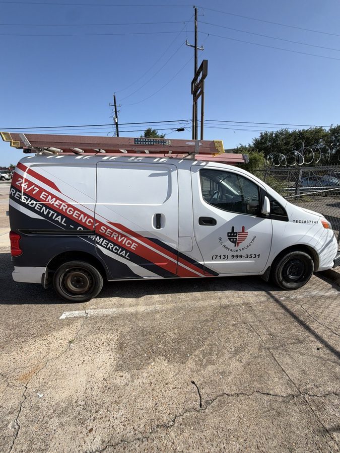 All American Electric service van lettered for 24/7 emergency service, residential and commercial